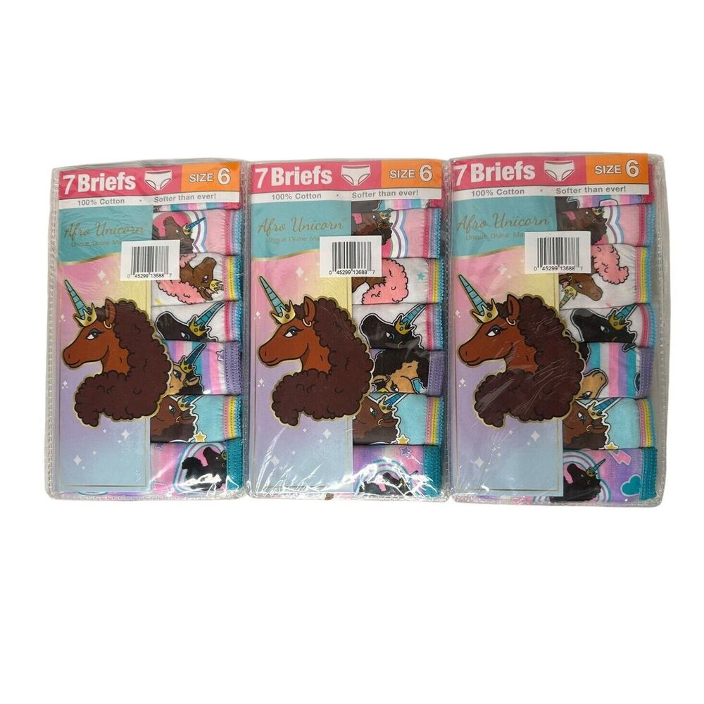 Afro Unicorn Girls 7 Pack 100% Combed Cotton Size 6 Underwear Briefs 21 Pair NEW